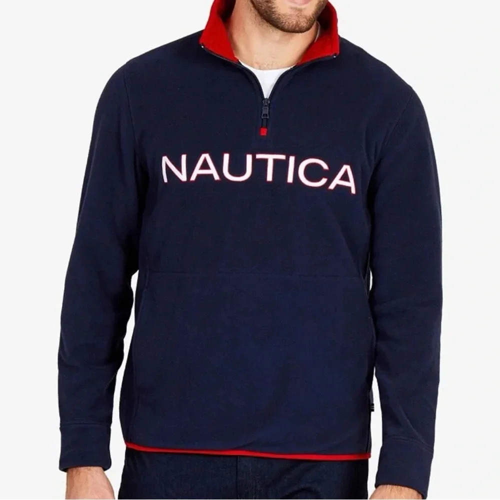 Nautica quarter zip logo sweatshirt Navy w/ red & white stitching Mens size‎ L